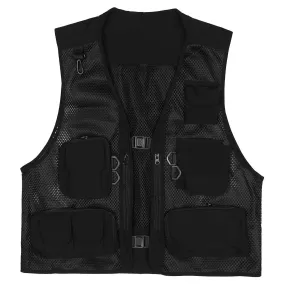 WLS Function Grid Patchwork Multi Pockets Cardigan Jacket Vest